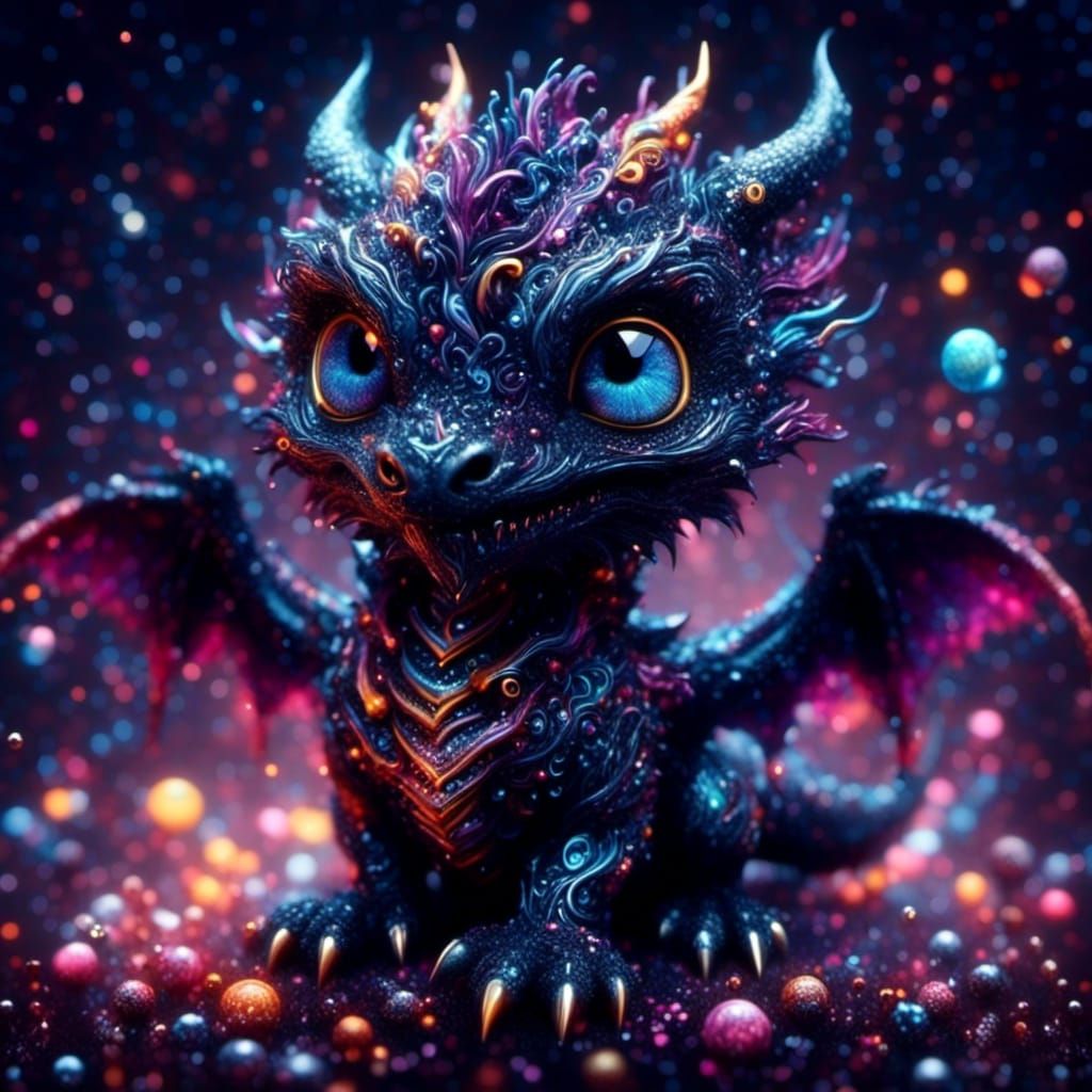 Dark Demon Chibi Dragon in Maximalist Style