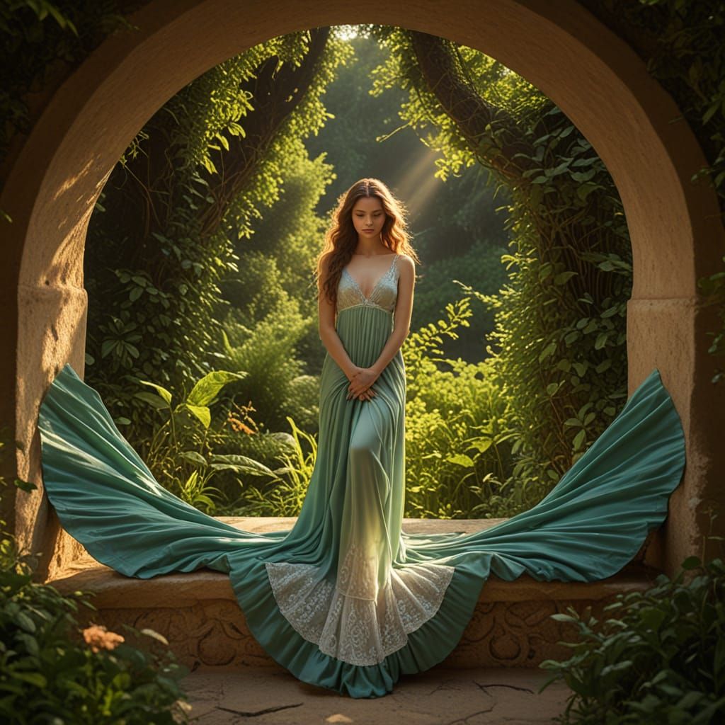 Ethereal Woman in a Lush Green Paradise