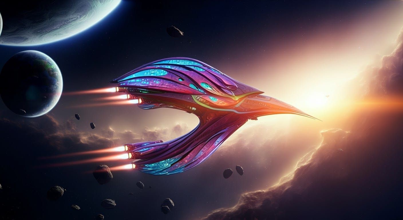 Bird of Paradise Spaceship Soaring Through Galaxy