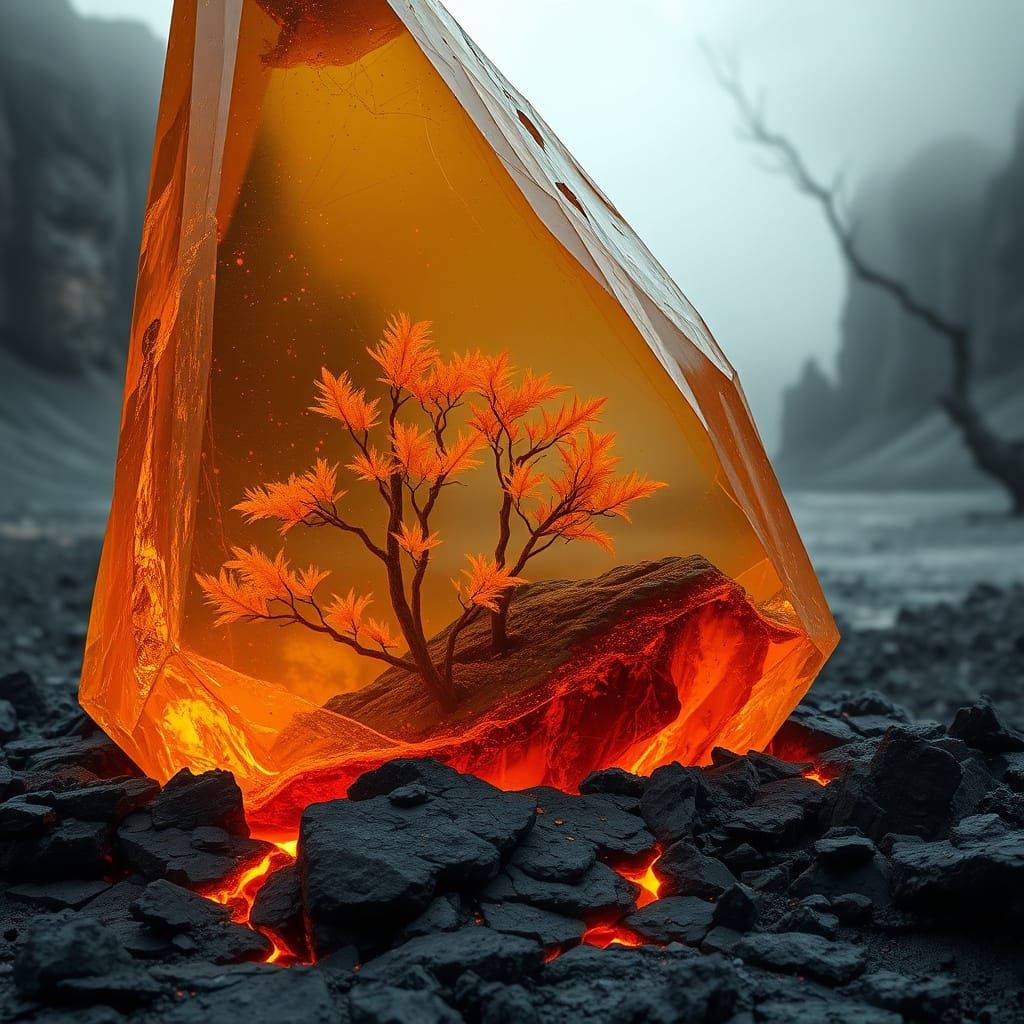 Giant Amber Crystal Over Volcanic Landscape in Ethereal Glow