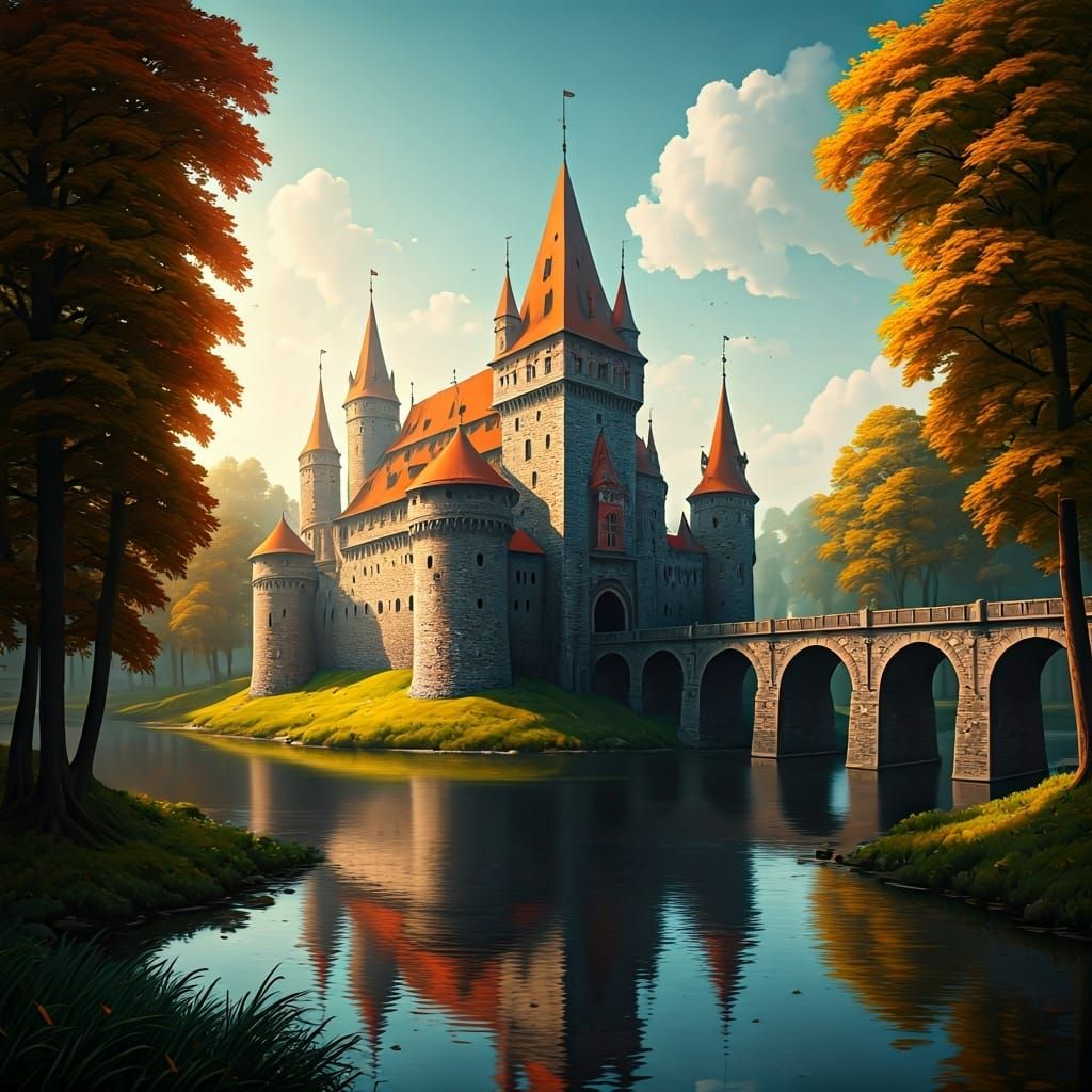 Medieval Castle with Orange Spires and Blue Lake