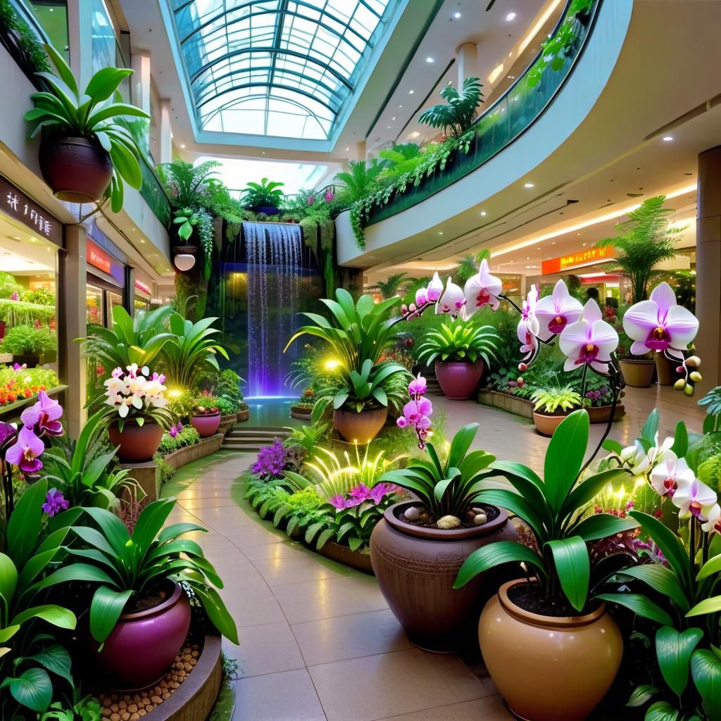 Lush Indoor Garden in Futuristic City Mall