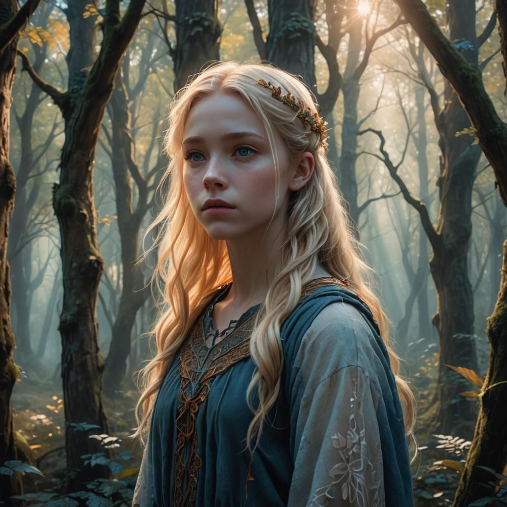 Shy Angelic Girl in Mystical Forest Matte Painting