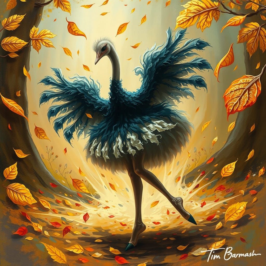 fantasy Ostrich dancing ballet Leaves blowing nature Vermiculation Texture Fluid Sheen Tim Burton Michael Garmash