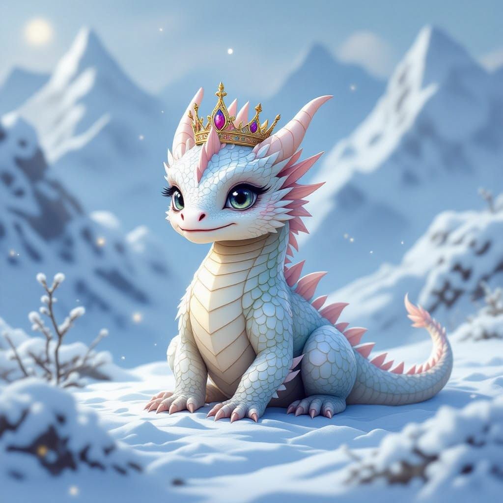 Baby Dragon Queen in Snowy Mountain Landscape