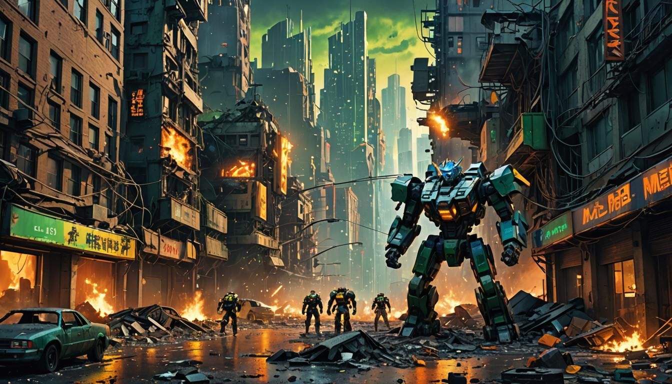 Mecha Clash in Dystopian City: Matte Painting
