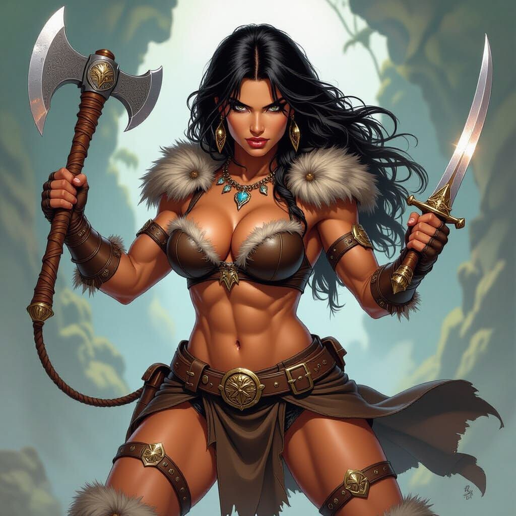 Muscular Barbarian Woman With Axe and Dagger