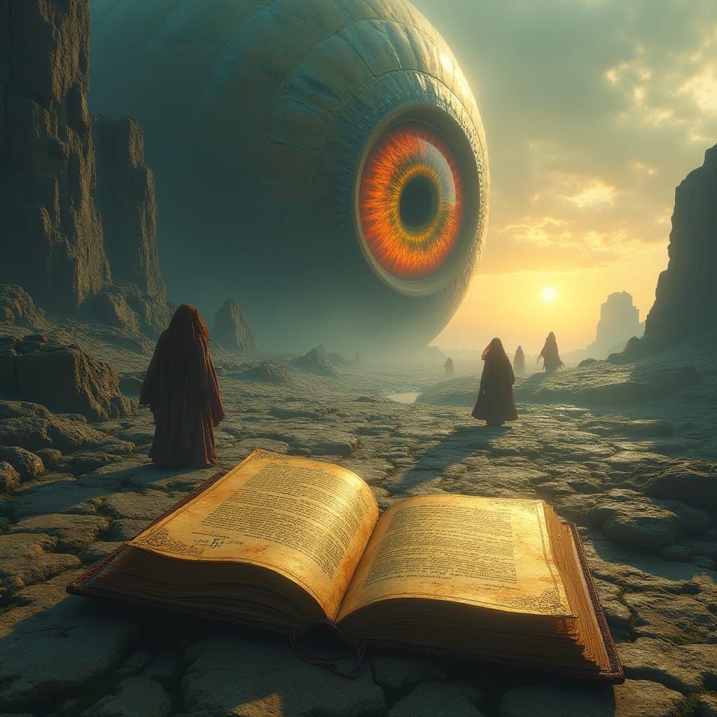 Biomechanical Eye Surveys Mystical Landscape in Ethereal Glo...