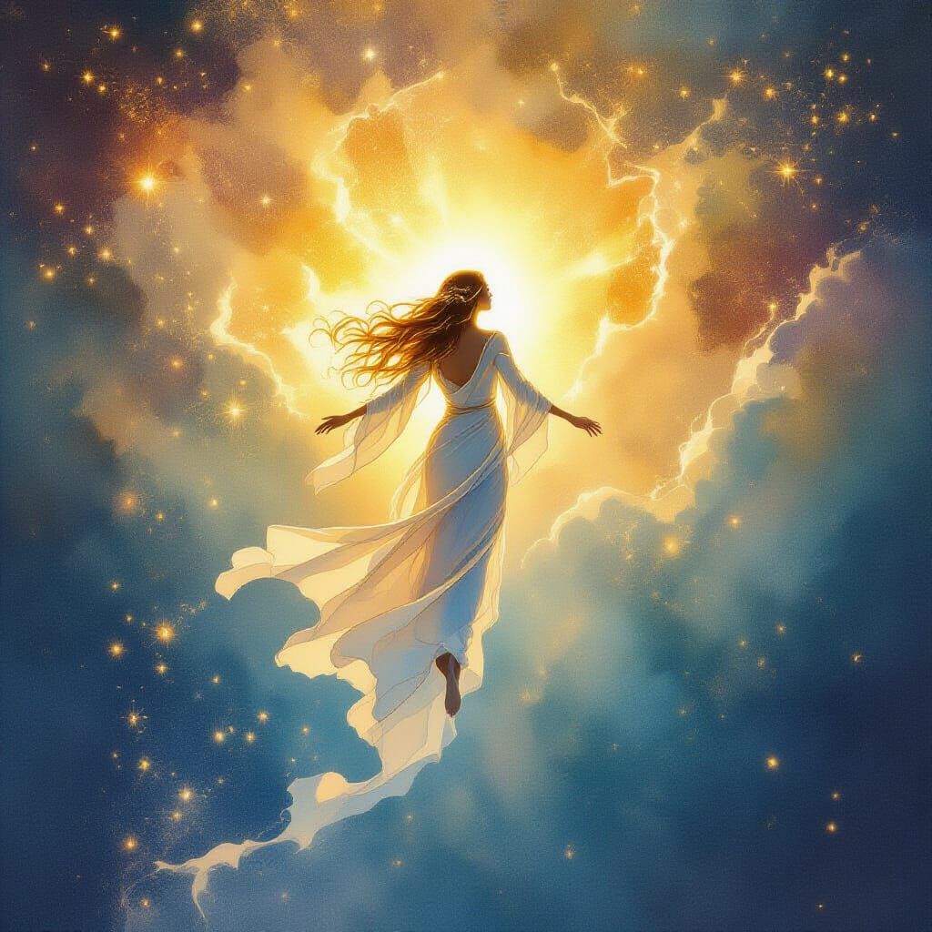 Radiant Sun Spirit Ascending in Ethereal Nebula