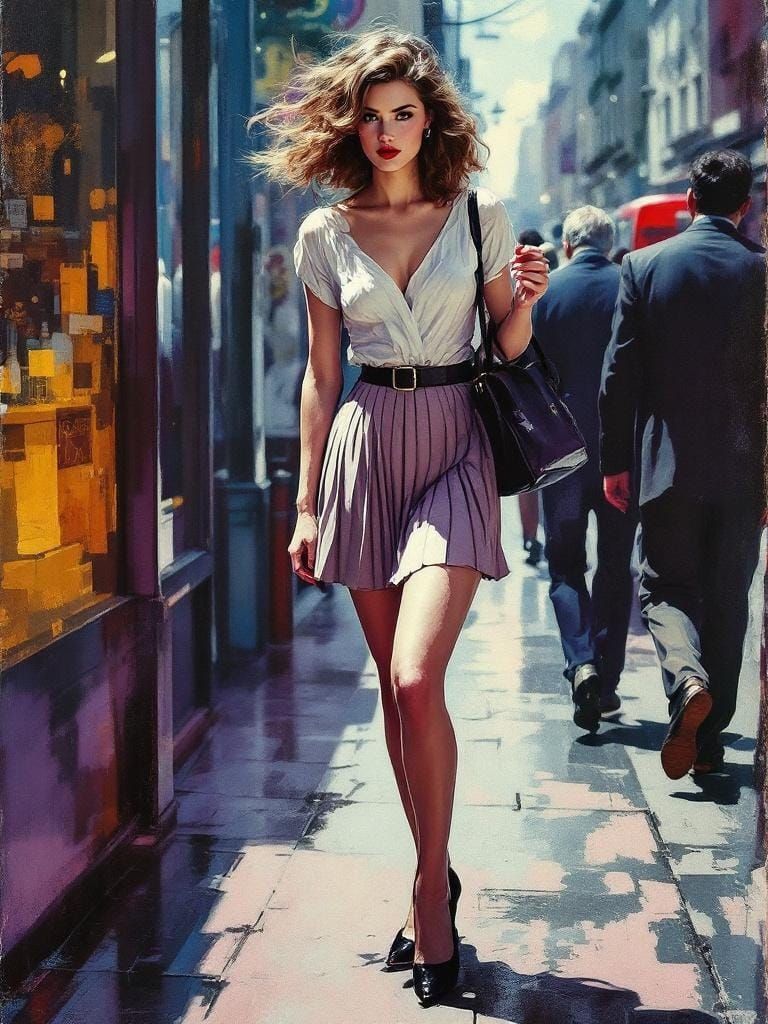 Curvy Woman on City Sidewalk in Mimeograph Style