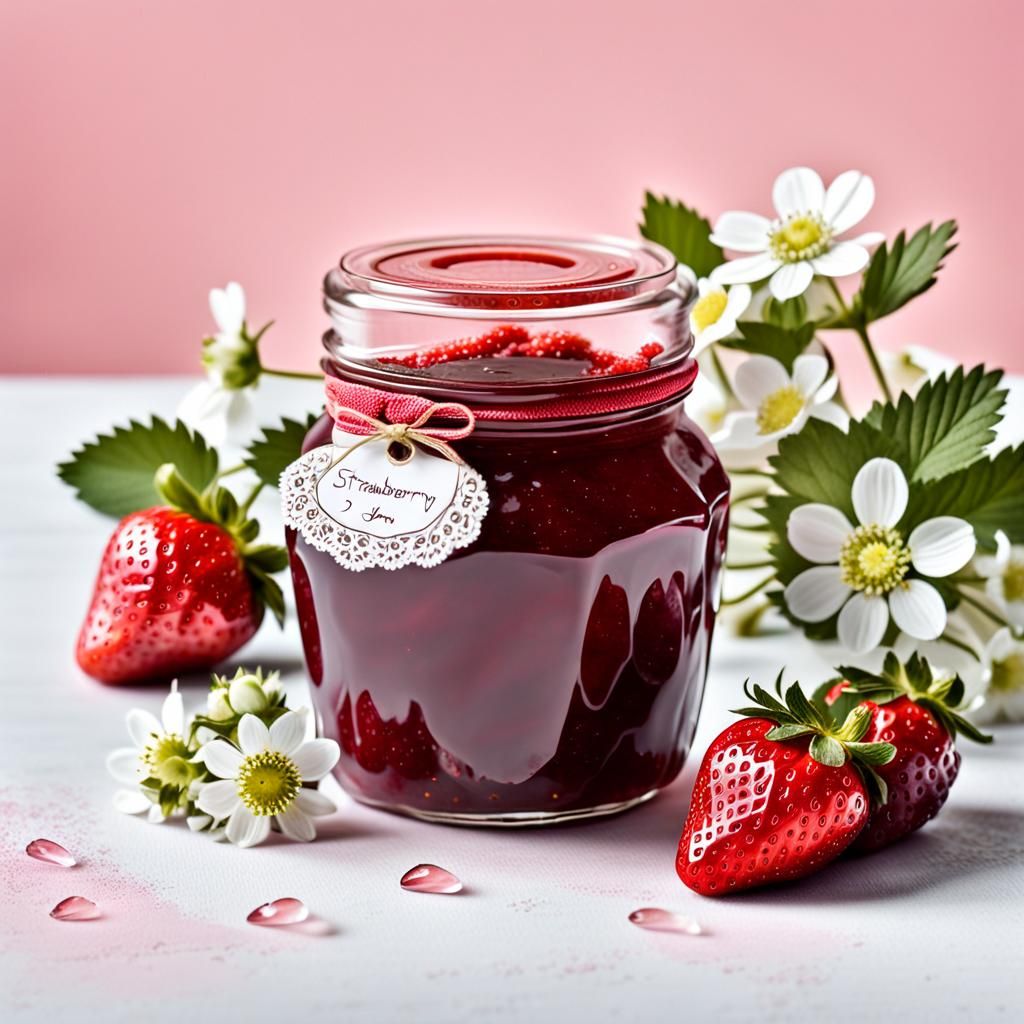 Hyperrealistic Strawberry Jam Jar with Floral Background