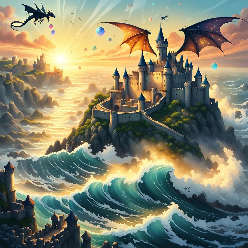 Mystical Fortress with Dragon in Ethereal Light