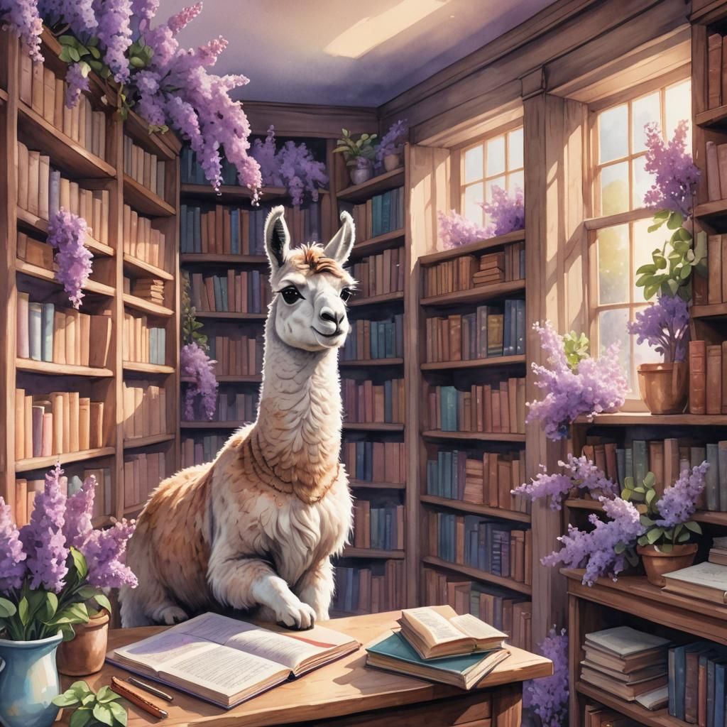 Library, lilacs, llama