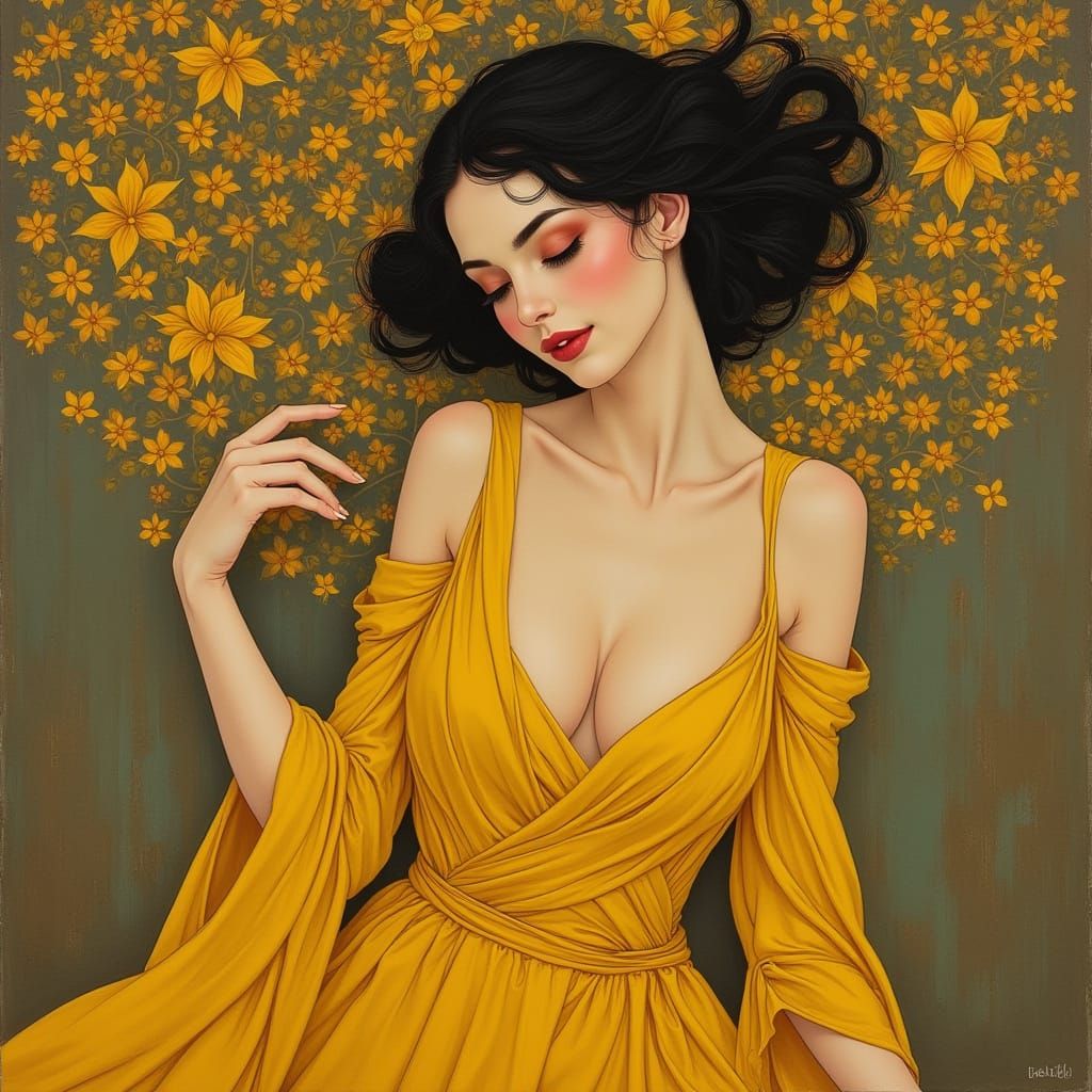 Elegant Woman in Yellow Silk Dress, Art Nouveau Style
