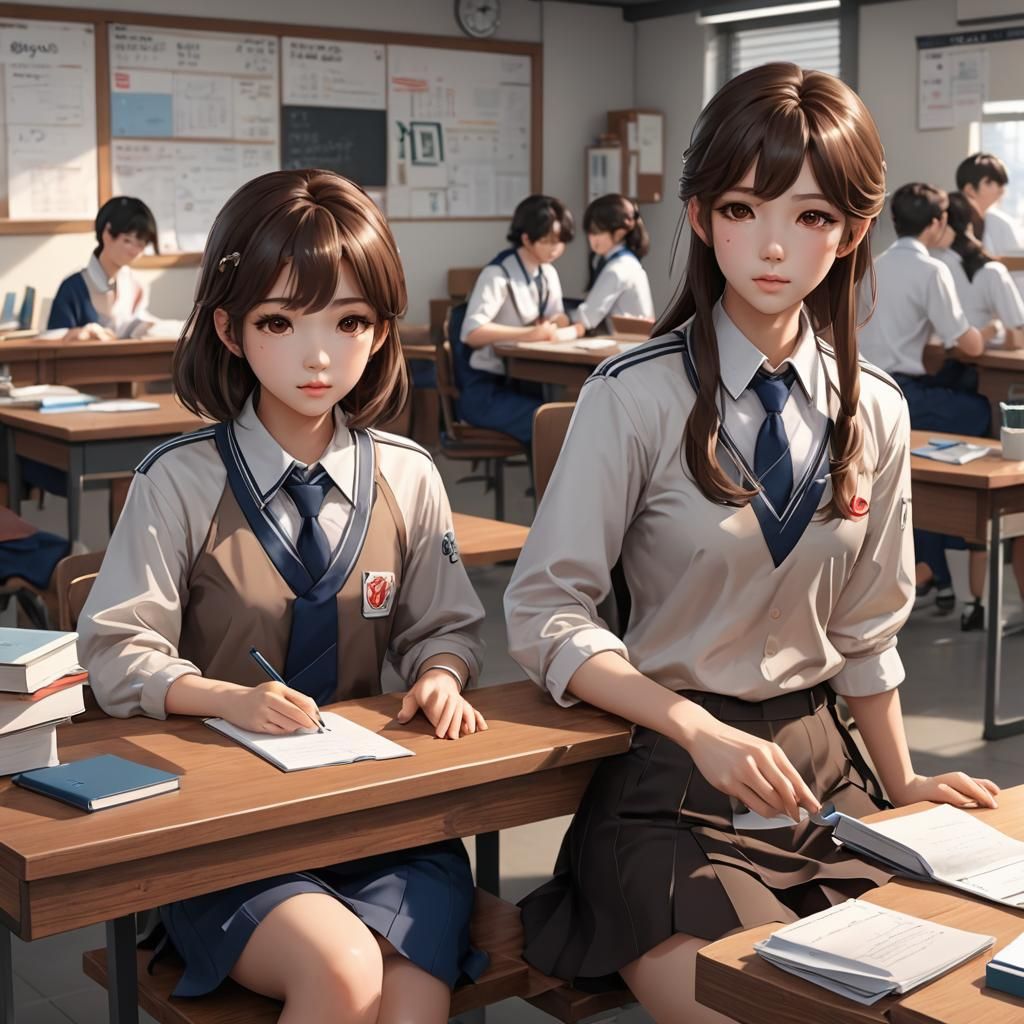 Korean Students in Uniform: Detailed 3D Anime Art