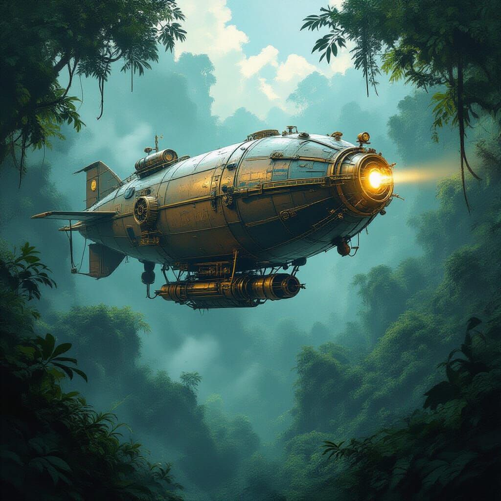 Steampunk Airship Over Uncharted Jungle Canopy