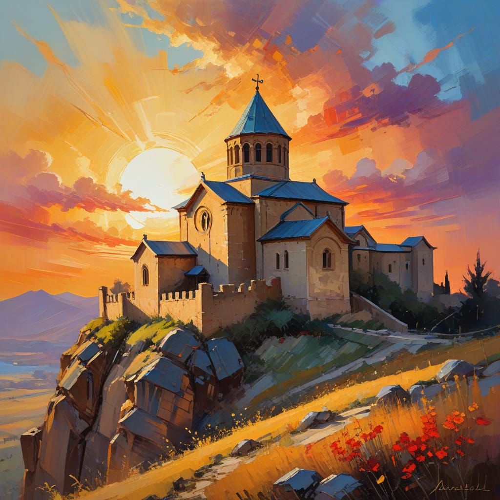 Medieval Armenian Monastery in Abstract Impressionist Style