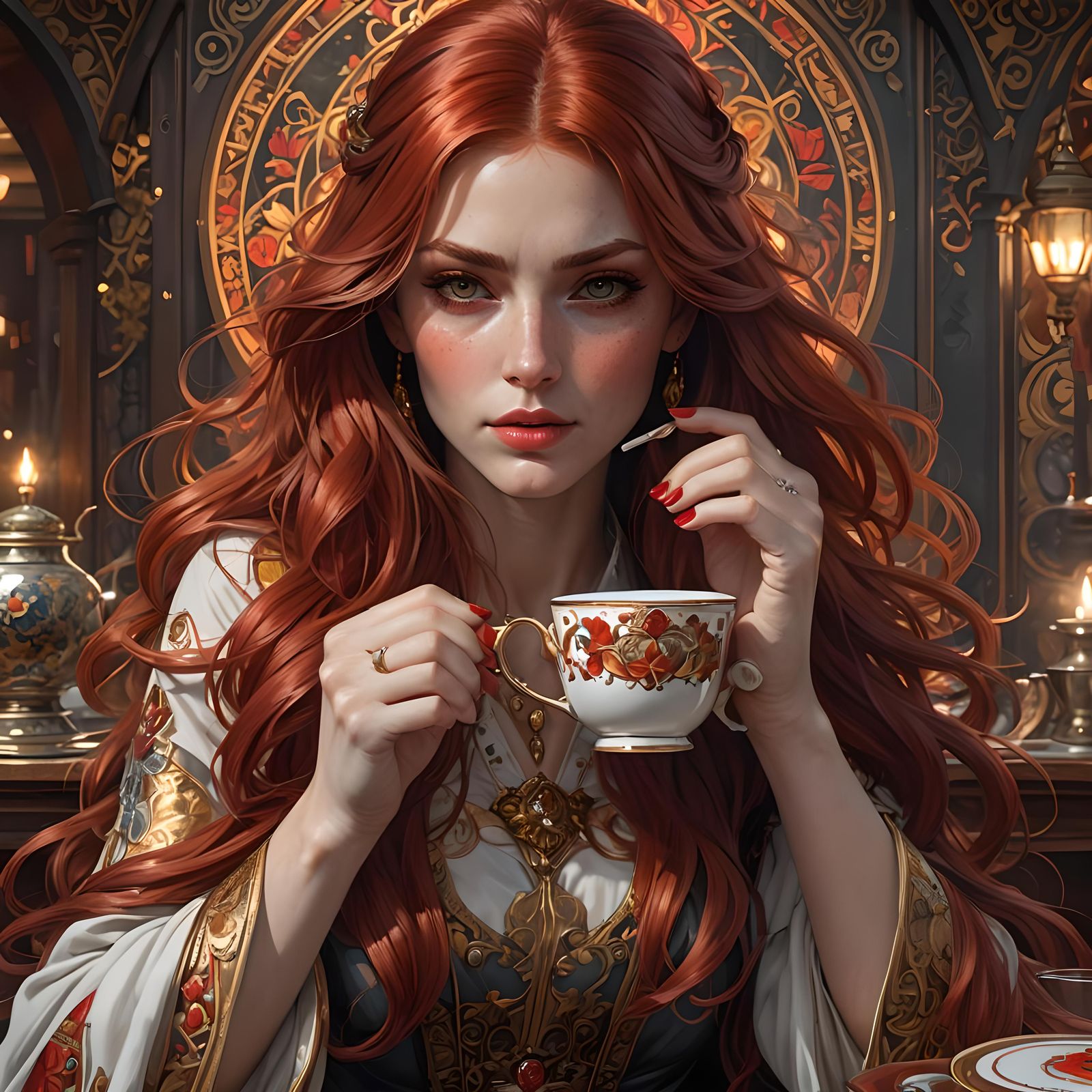 Red Haired Girl Sipping Tea: Hyperdetailed Portrait