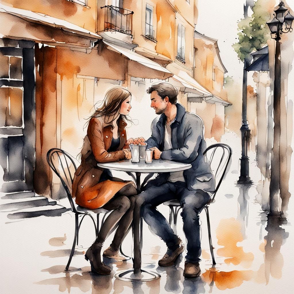 Romantic Cafe Scene in Ink and Watercolor