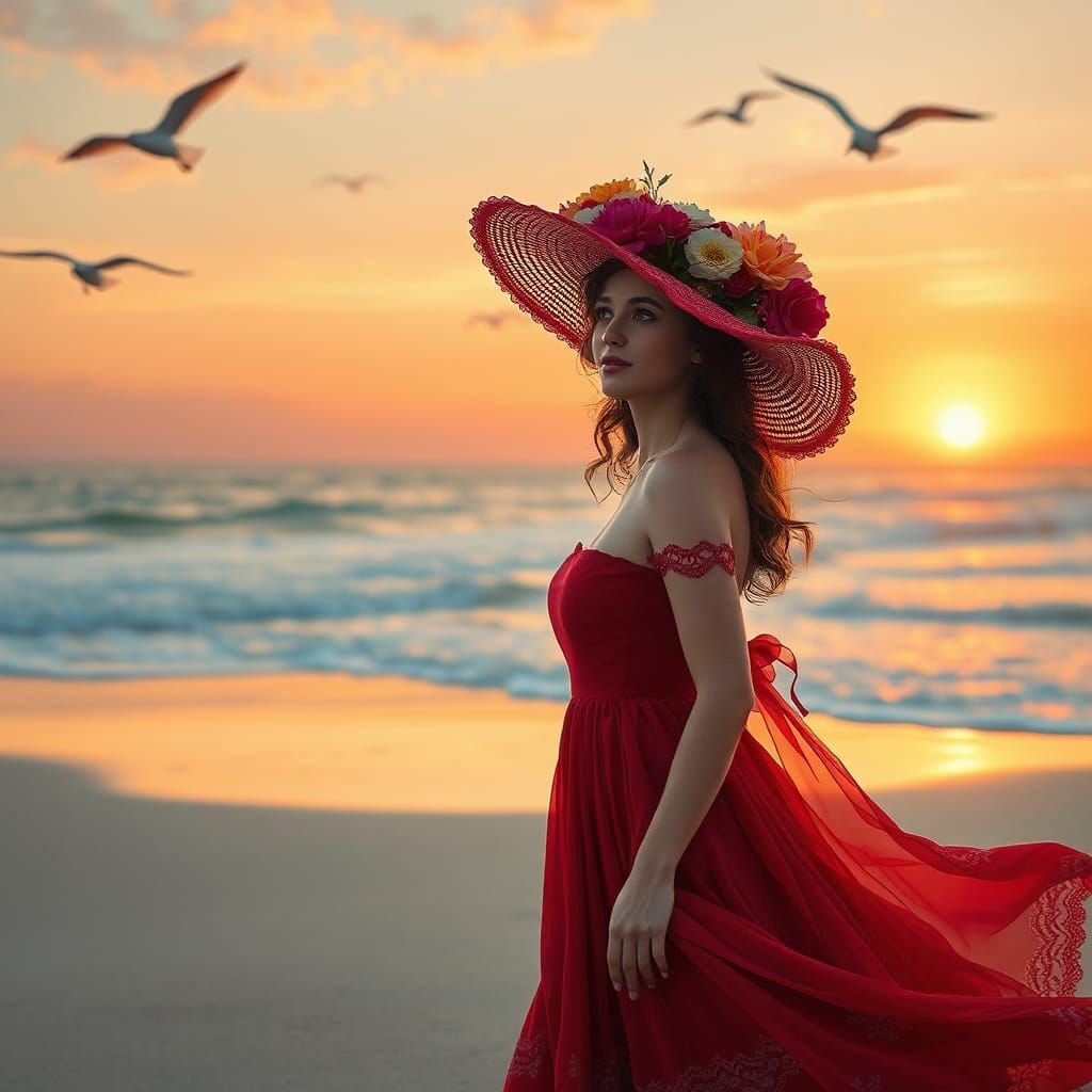 Crimson Gown on Sunset Beach: Atmospheric Concept Art