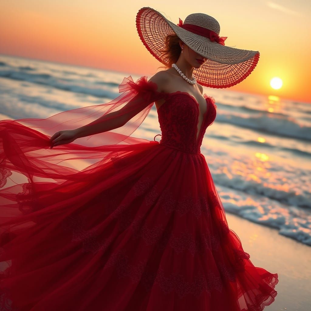 Victorian Woman on Beach at Golden Hour