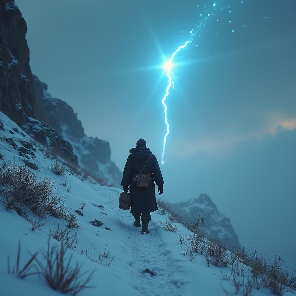 Man's Weary Journey up Snowy Mountain in Airbrushed Fantasy ...