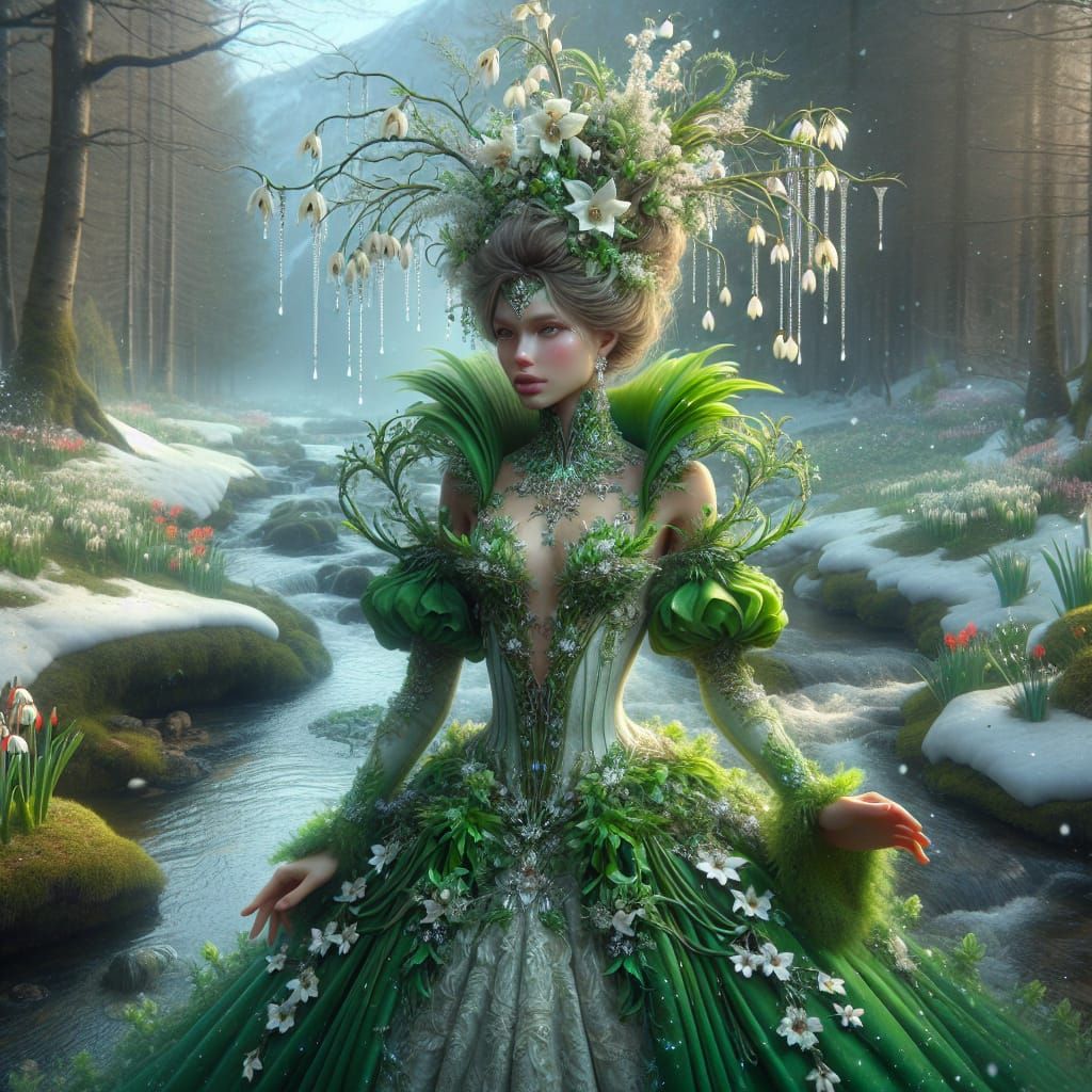 Snowdrop Goddess Navigates Winter in Spring Dress