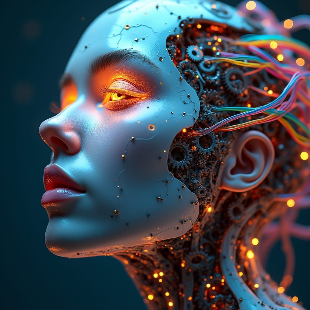 Cyberpunk Woman's Face in Frosted Glass with Swirling Rainbo...