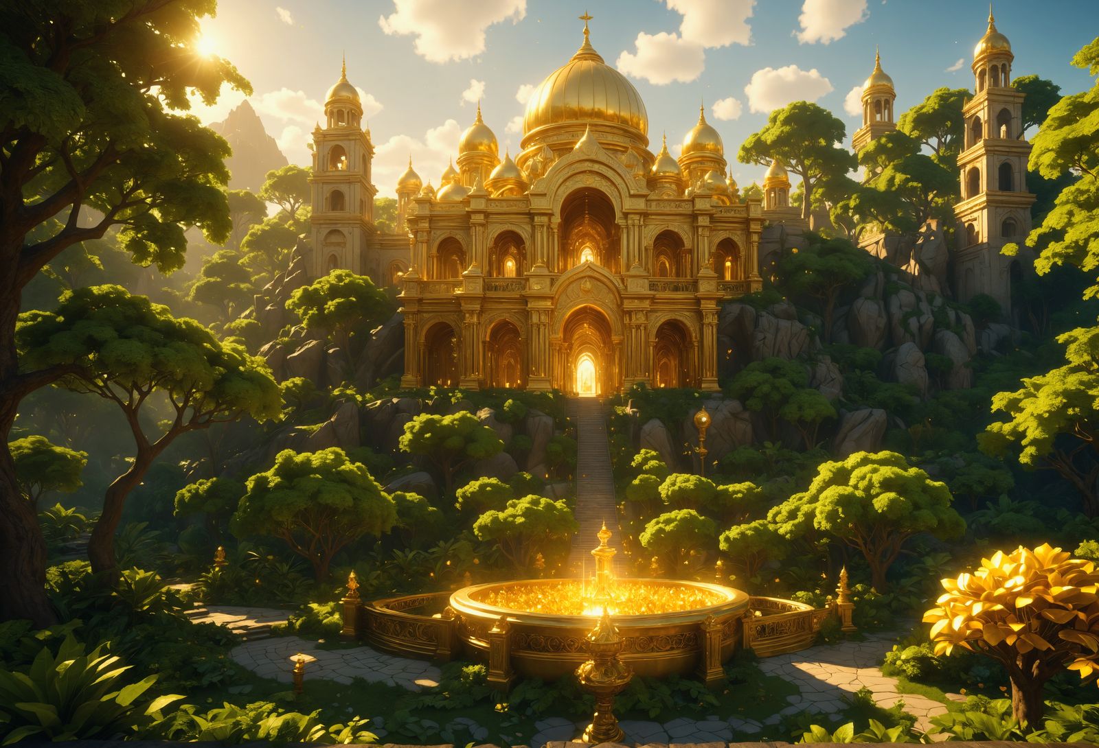 Golden Palace in Eden: a 3D Render
