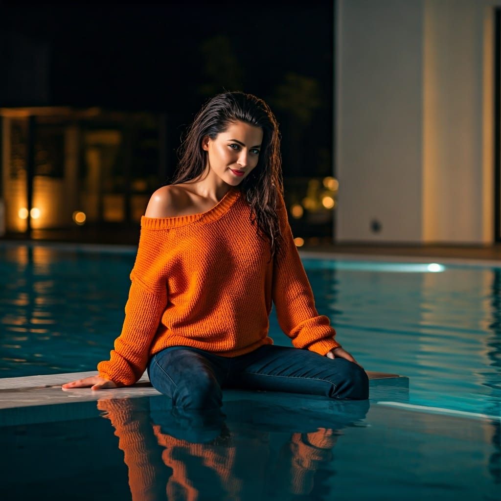 Woman at Infinity Pool in Photorealistic Style