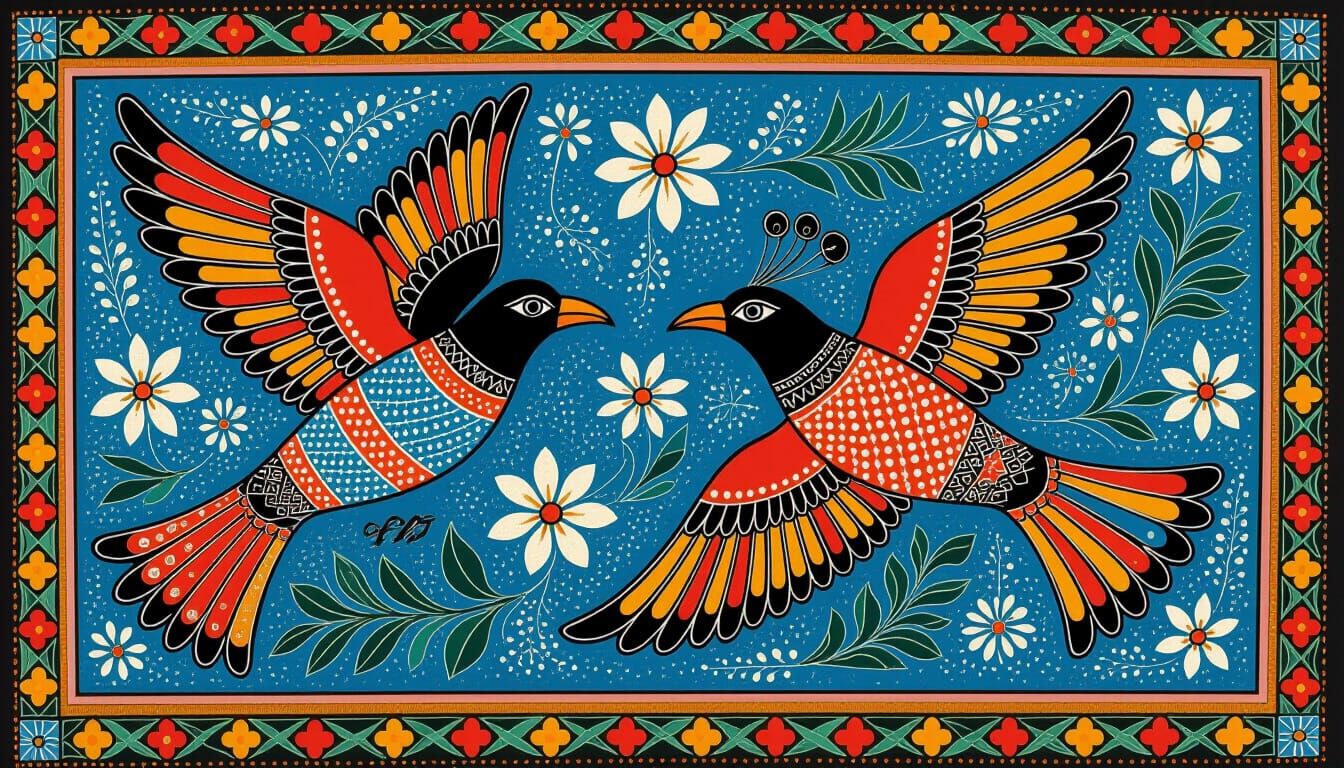 Madhubani Art: Swallows in Flight