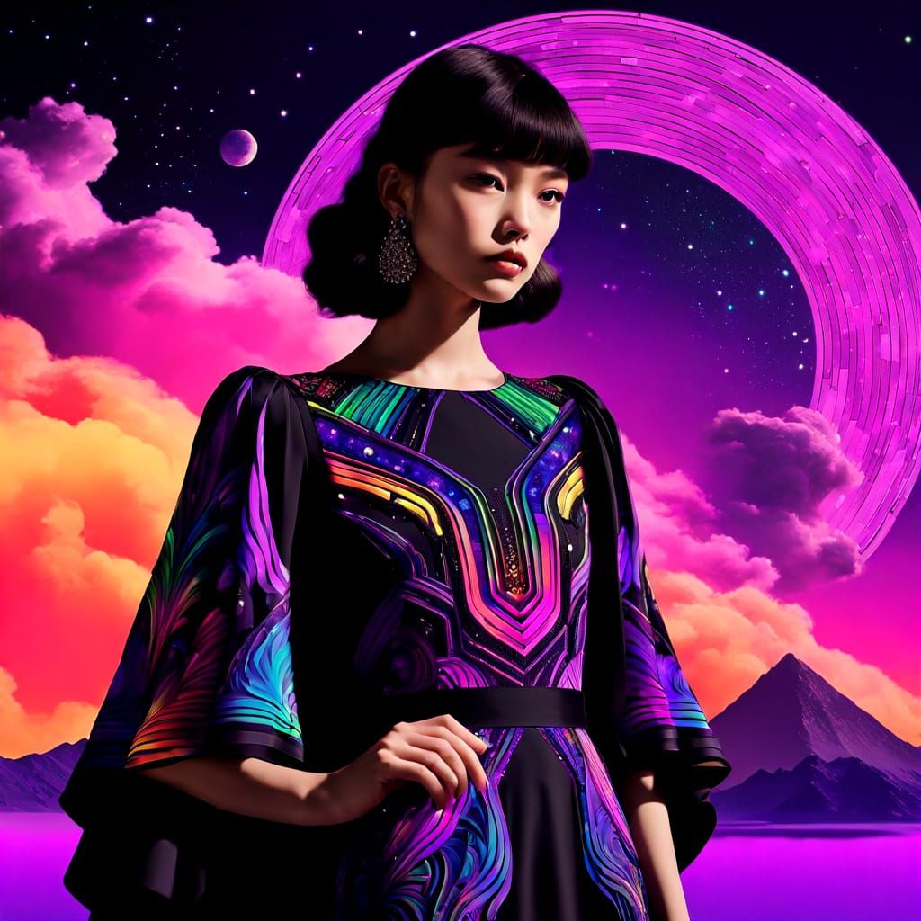 Vibrant Neon Formal Dress in Night Sky Hues