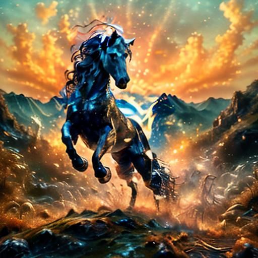 White Horse Galloping on Mountain with Orange Sky