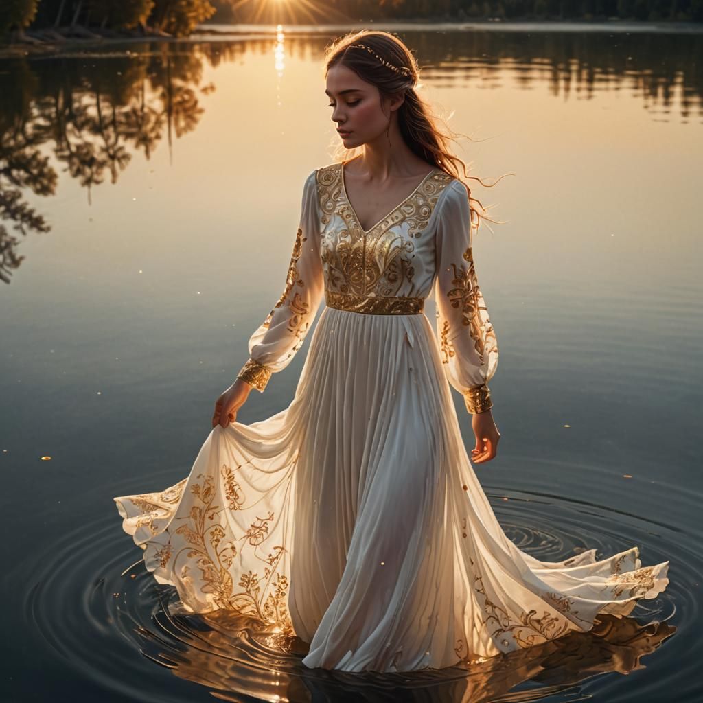 Girl in White Dress Stands on Lake at Sunset