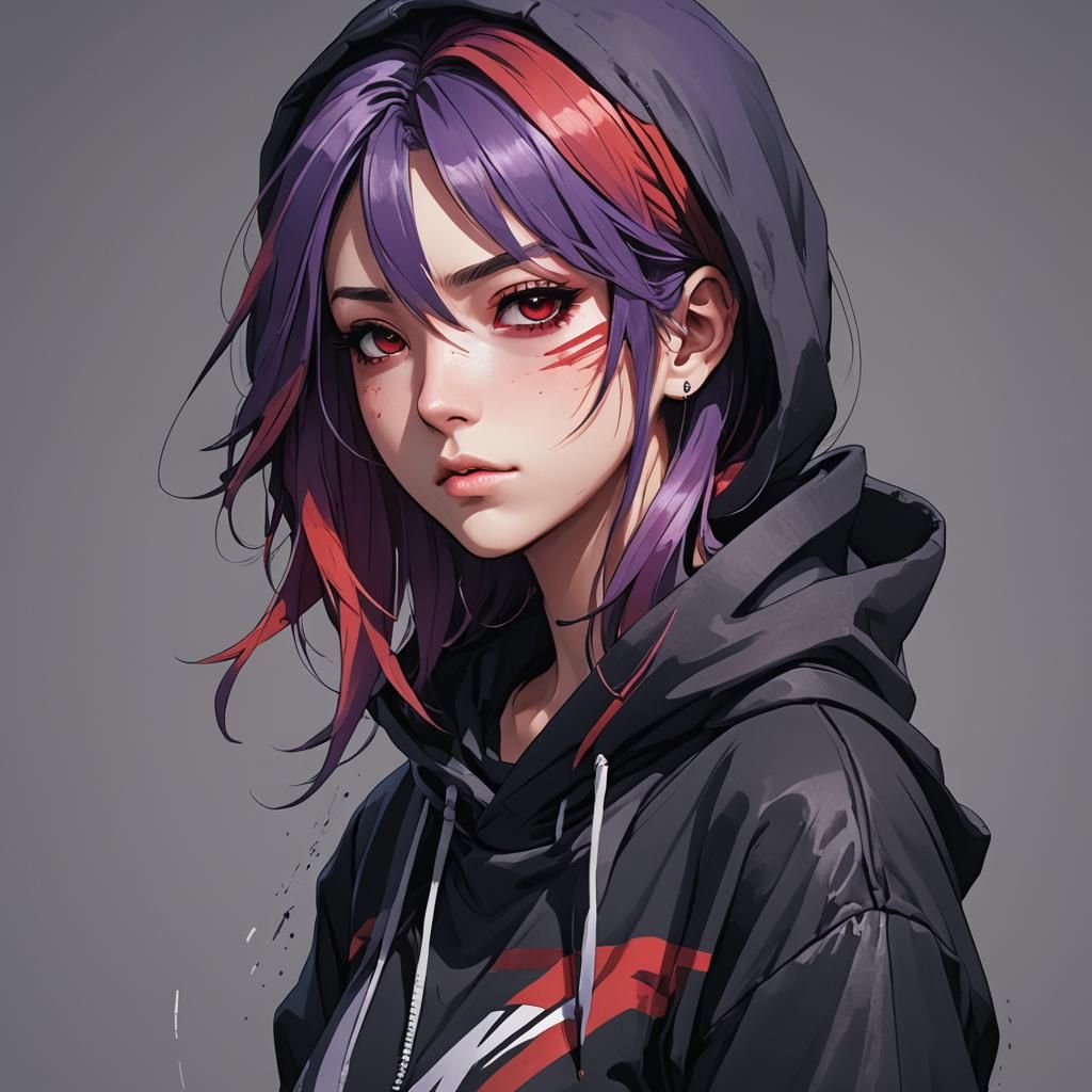 Manga Girl with Red and Purple Hair, Anime Style