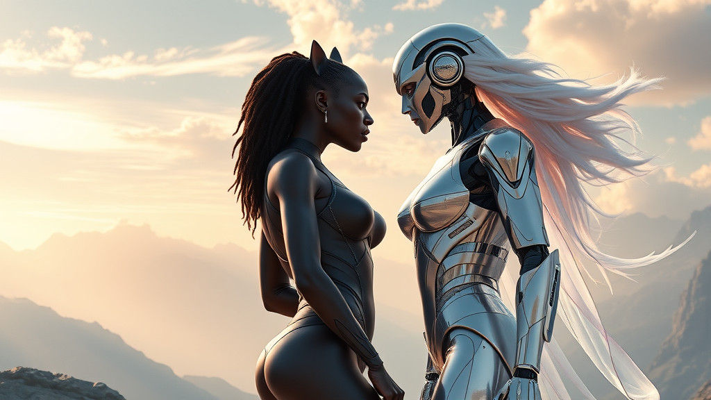 Regal Woman vs Android Robot in Ethereal Landscape