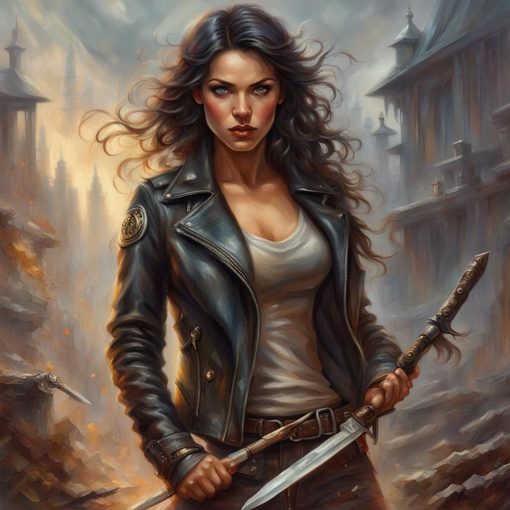 Fierce Woman in Leather Jacket, Fantasy Art