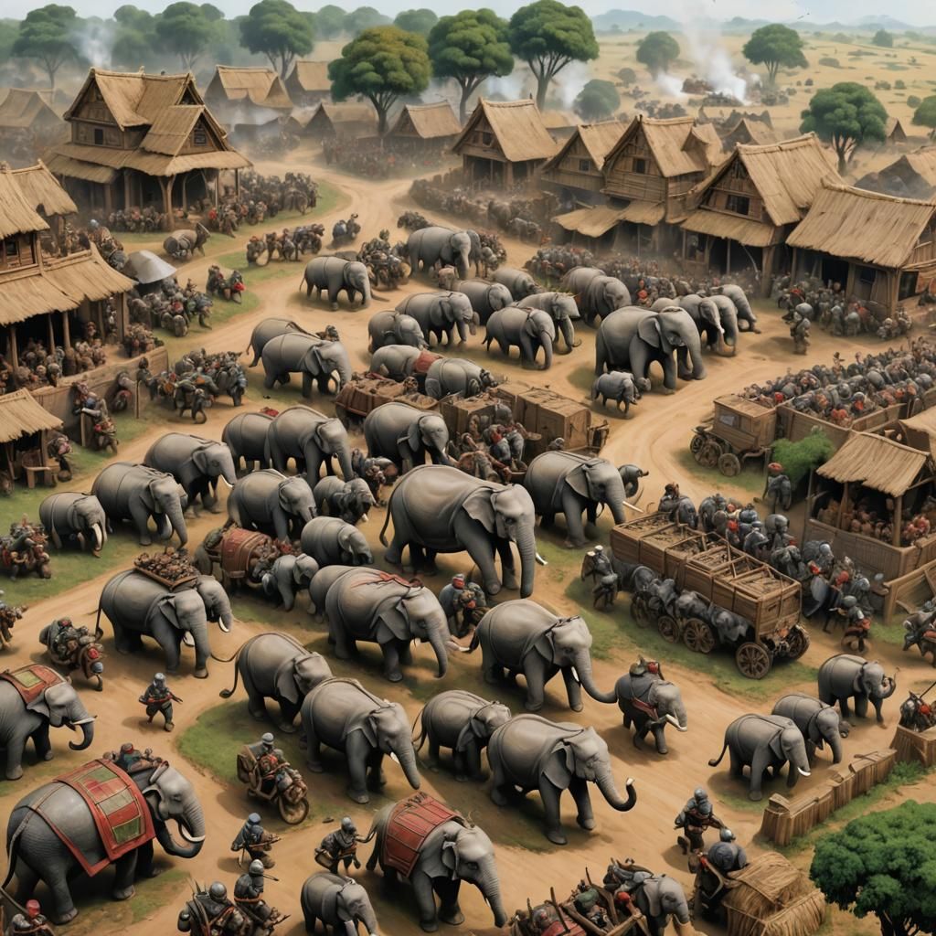 Battle Elephant Army Attacking a Village