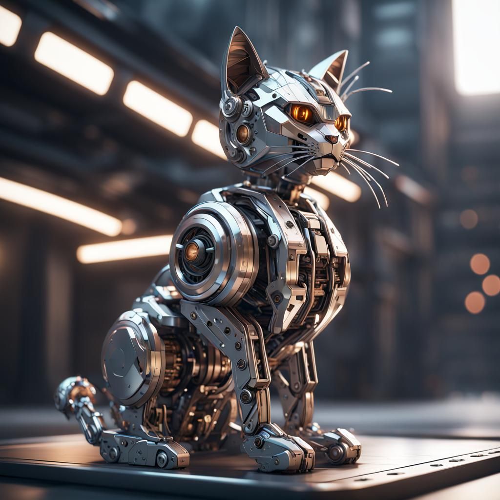 Futuristic Mech Cat Ground-Level Shot in 8K