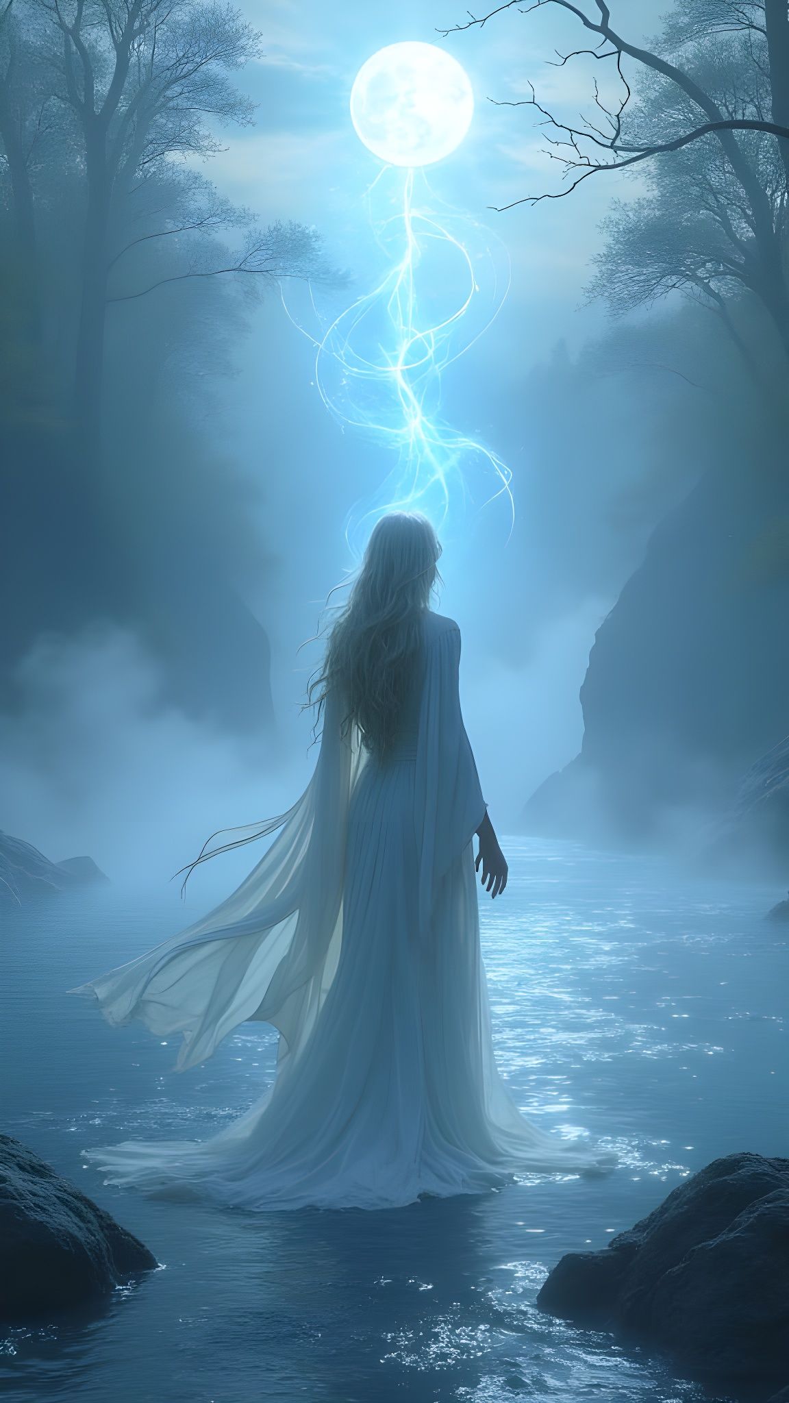 Elven Mage by Shimmering River at Dawn