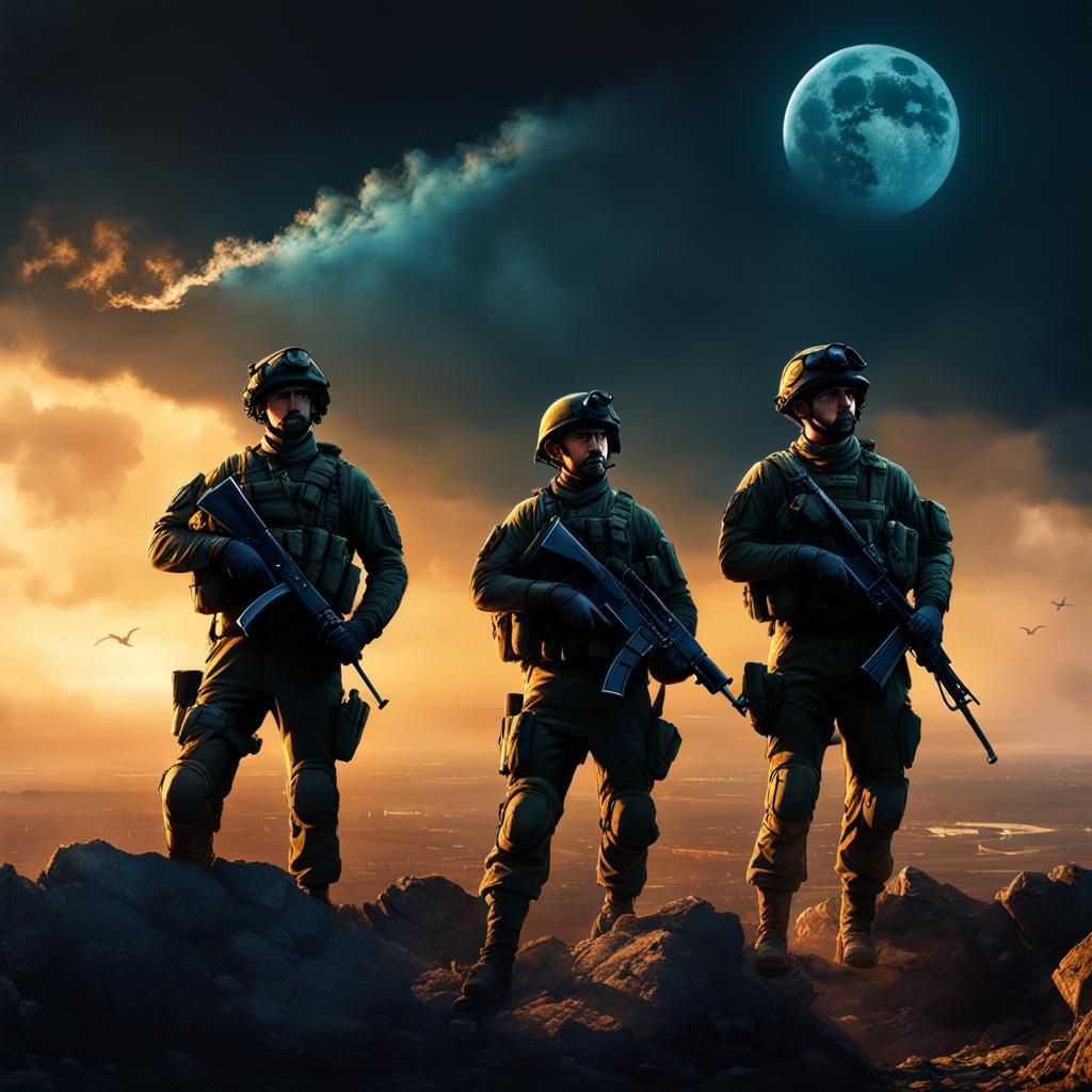 Israeli Soldiers Gaze Skyward in Fantasycore Illustration
