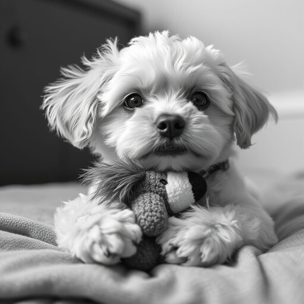 Playful Dog Cuddling Toy in Monochrome Style