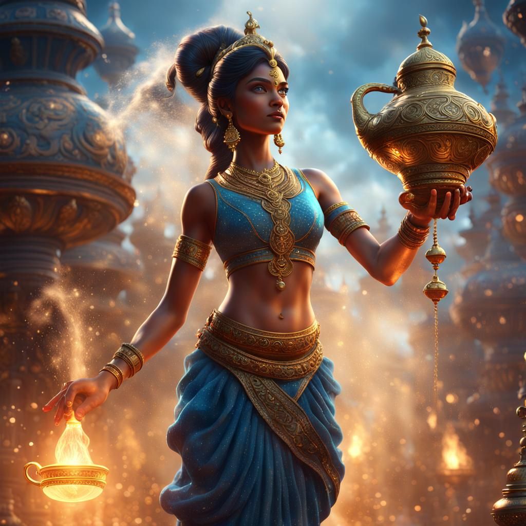 Beautiful Genie Lamp with Female Genie