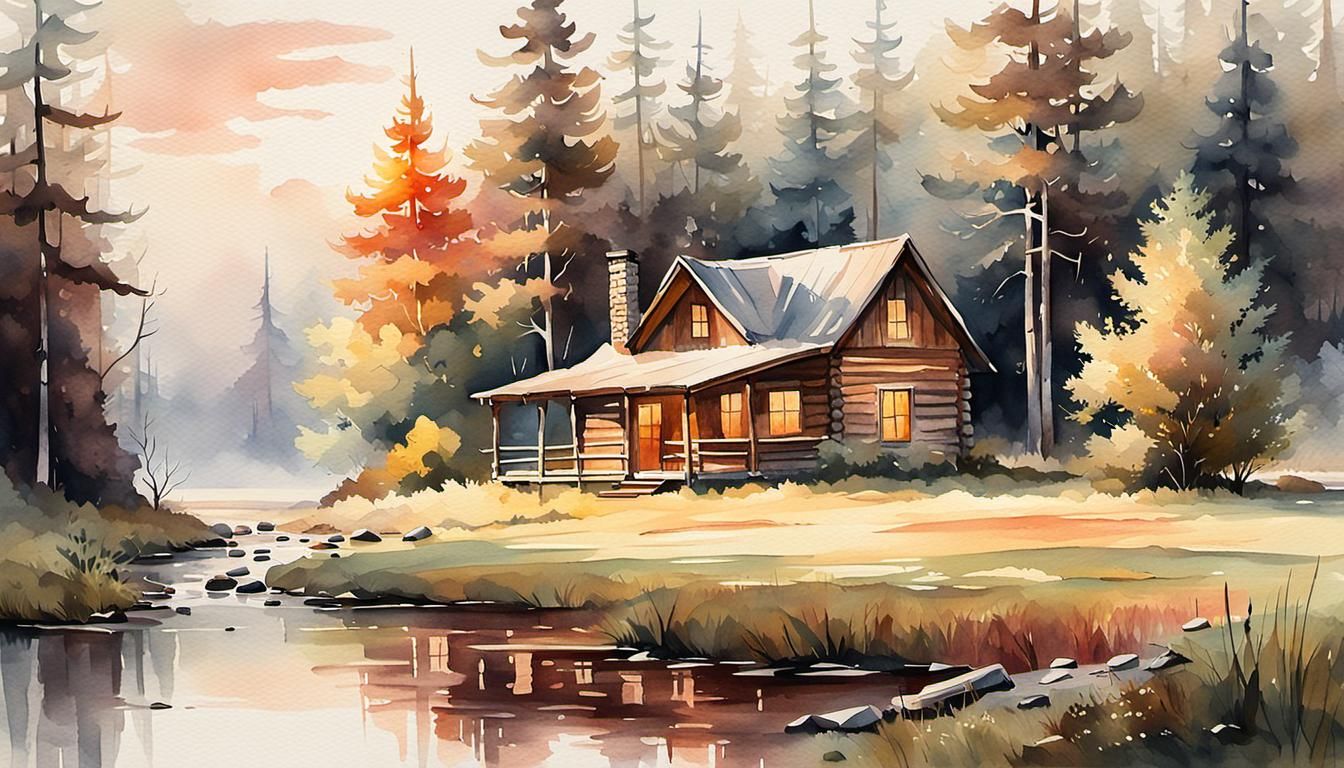 Secluded Cabin in Watercolor Landscape at Forest Edge