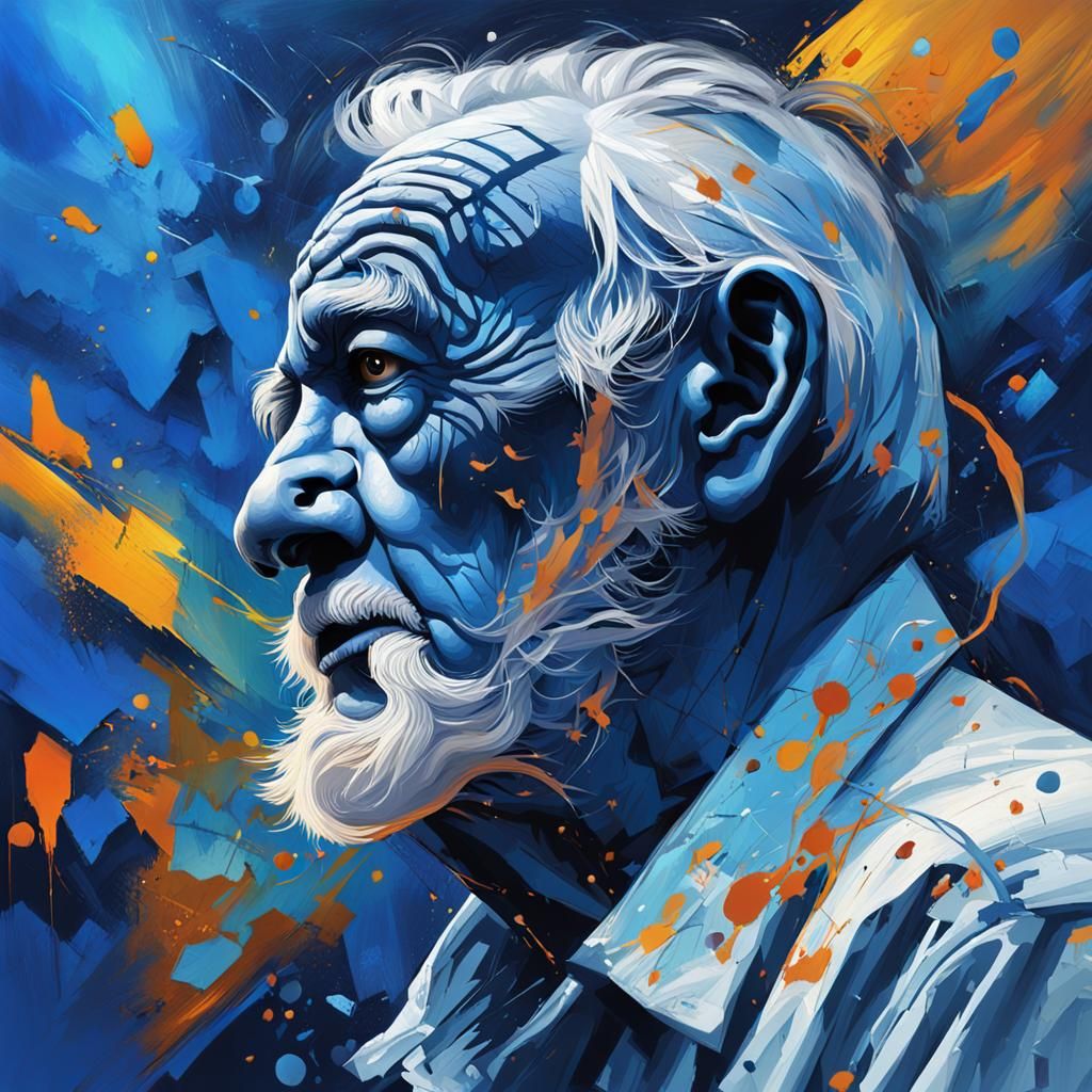Blue Abstract Old Man Portrait in Hyperrealistic Style