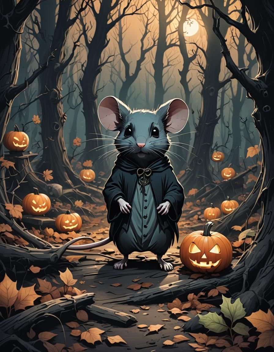 Mouse in Spooky Gothic Halloween Forest, Anime Style