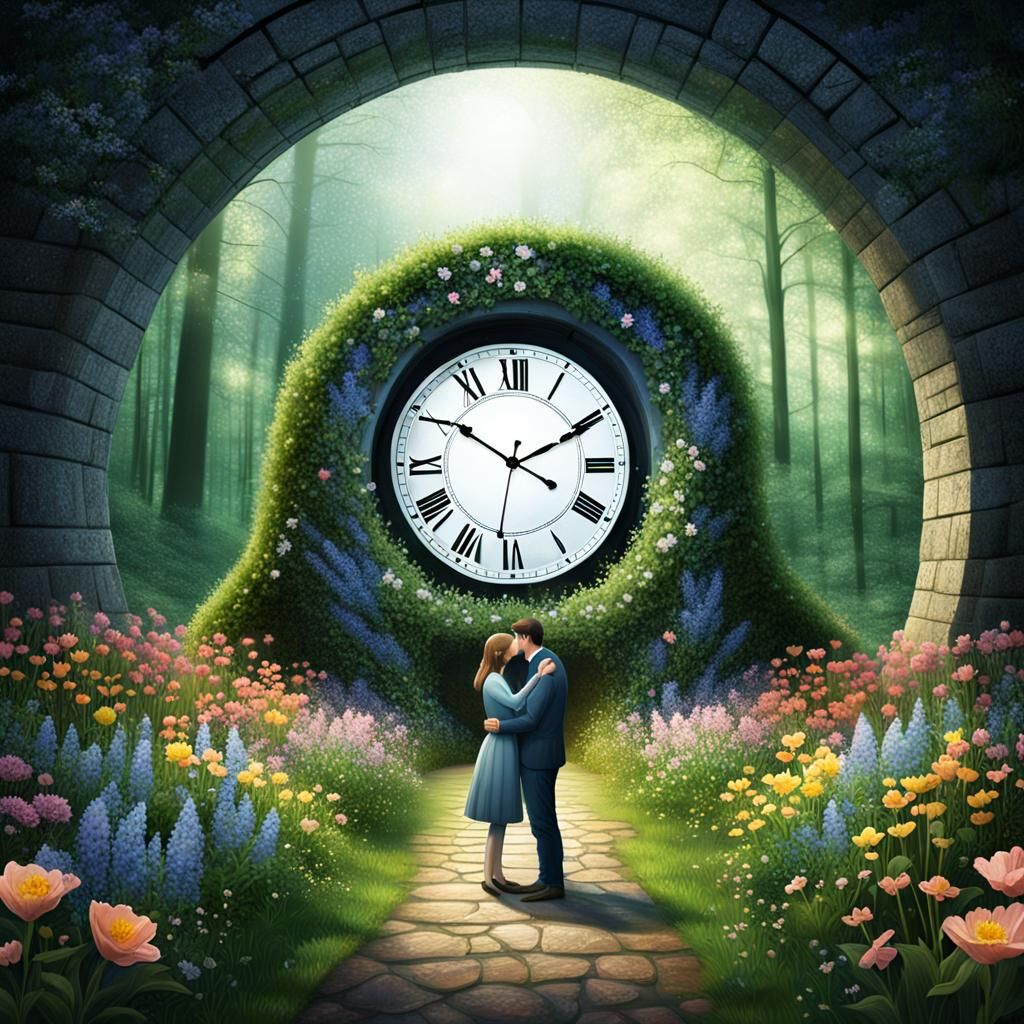 Clock Creates Time Tunnel in Spring Forest