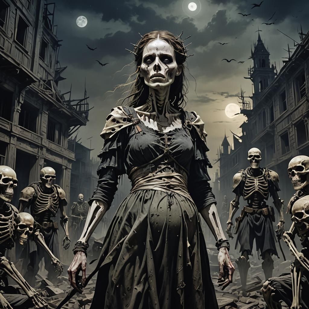 Haunting Pregnant Girl Surrounded by Skeletal Soldiers