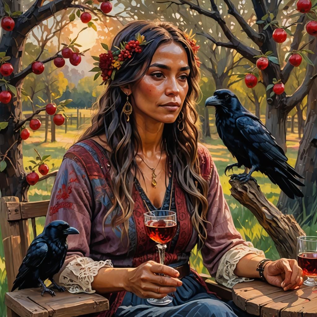 Boho Woman and Raven in Orchard, Fantasy Art