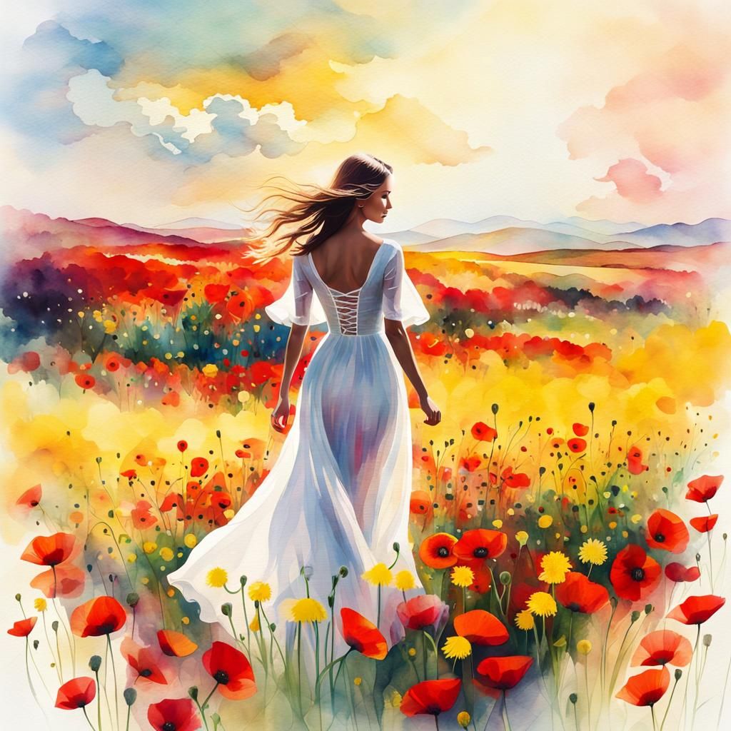 Woman Silhouette in Floral Field: Watercolor Double Exposure